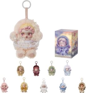 “POP MART SKULLPANDA L’impressionnisme plush doll in pastel beige with pink curls, butterfly lace collar, and fluffy hood keychain.”