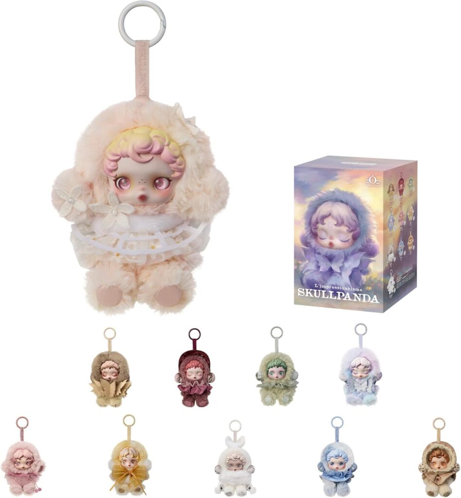 “POP MART SKULLPANDA L’impressionnisme plush doll in pastel beige with pink curls, butterfly lace collar, and fluffy hood keychain.”