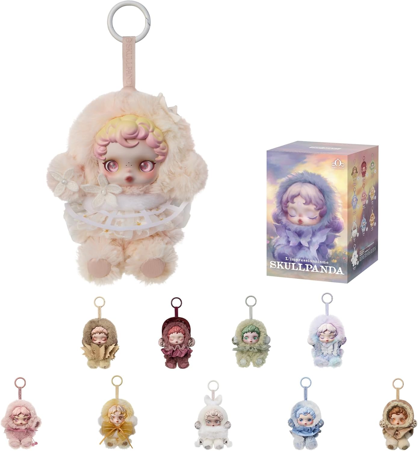 “POP MART SKULLPANDA L’impressionnisme plush doll in pastel beige with pink curls, butterfly lace collar, and fluffy hood keychain.”