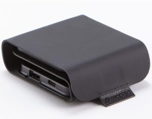 Mophie Snap+ Multi-Device Travel Charger folded inside its black travel case, showing USB-C and USB-A ports with a branded leather pull tab.