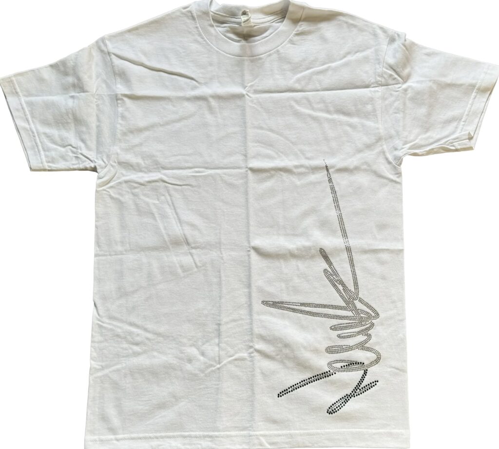 NewYrrk White Tee Shirt featuring a bold black and white crystal graphic printed vertically along the lower right side, minimalist short-sleeve crew neck design on crisp white cotton.