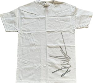 NewYrrk White Tee Shirt featuring a bold black and white crystal graphic printed vertically along the lower right side, minimalist short-sleeve crew neck design on crisp white cotton.