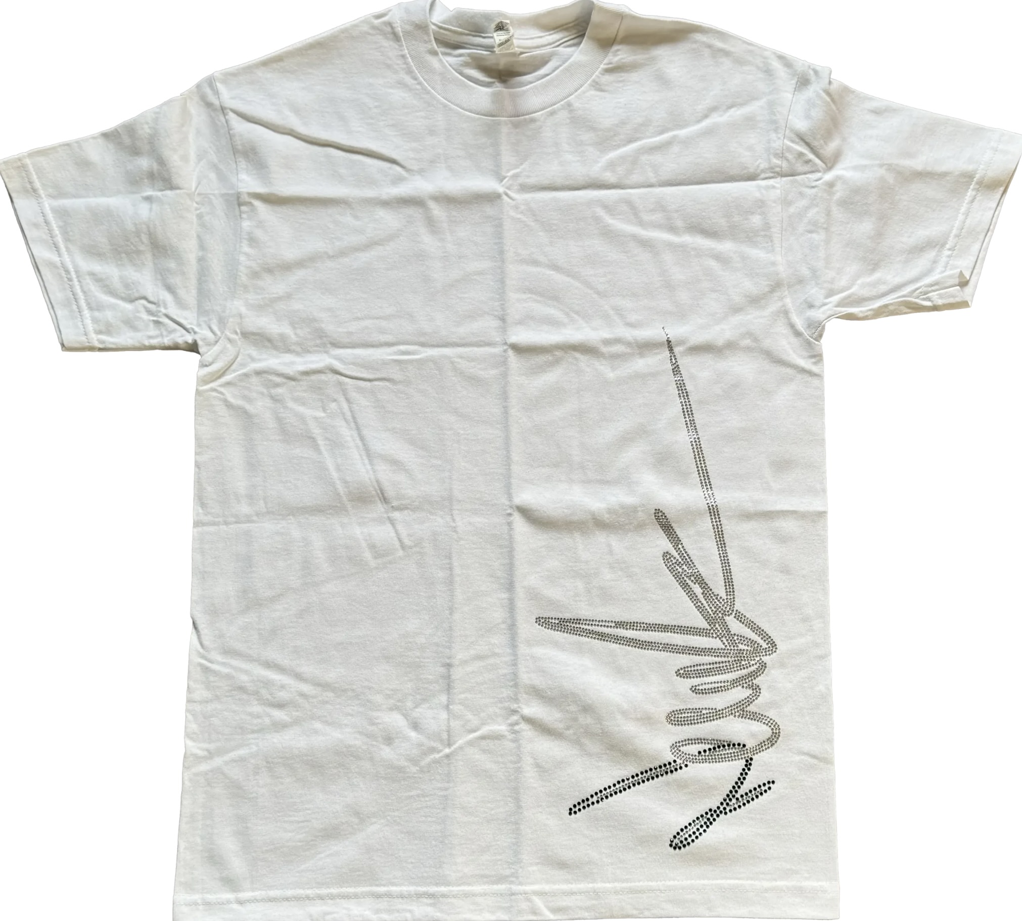 NewYrrk White Tee Shirt featuring a bold black and white crystal graphic printed vertically along the lower right side, minimalist short-sleeve crew neck design on crisp white cotton.