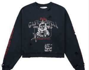Paly Cast-A-Spell Sweatshirt in black with distressed detailing, featuring occult-inspired graphic print on the front, “ALL DRUGS NO HUGS” text, and red sleeve lettering “1-800-666-MAGK.”