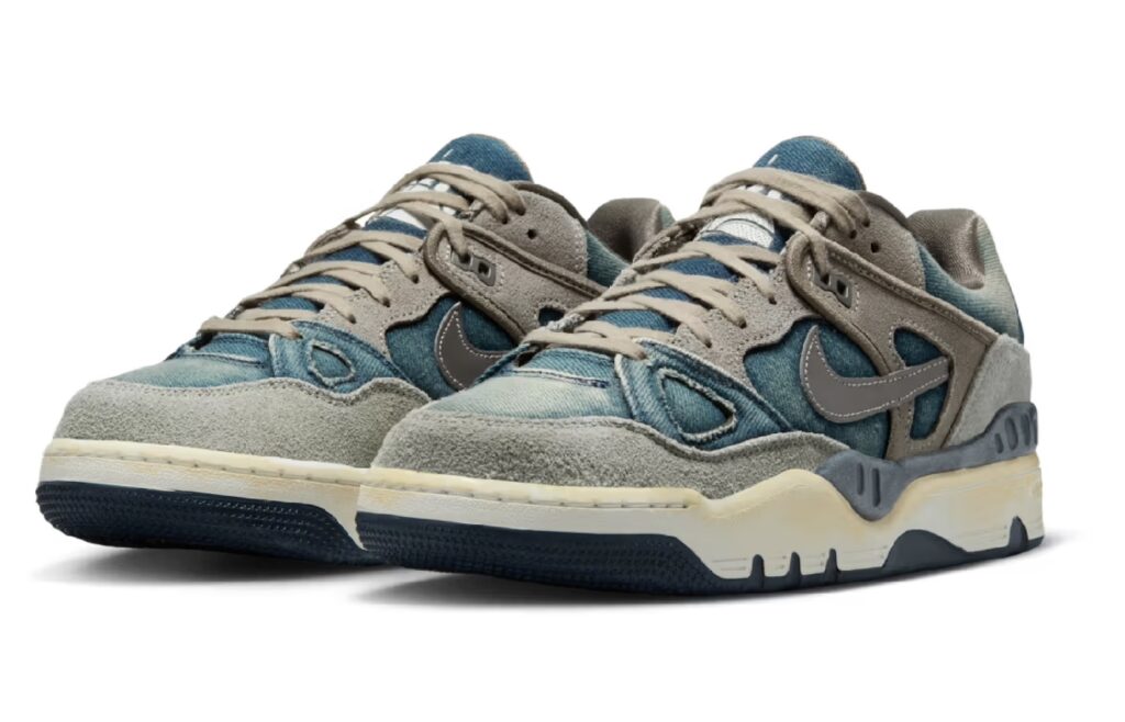Close-up of the NIGO x Levi’s x Nike Air Force 3 Low shoe with denim overlays and gum sole