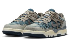 Close-up of the NIGO x Levi’s x Nike Air Force 3 Low shoe with denim overlays and gum sole
