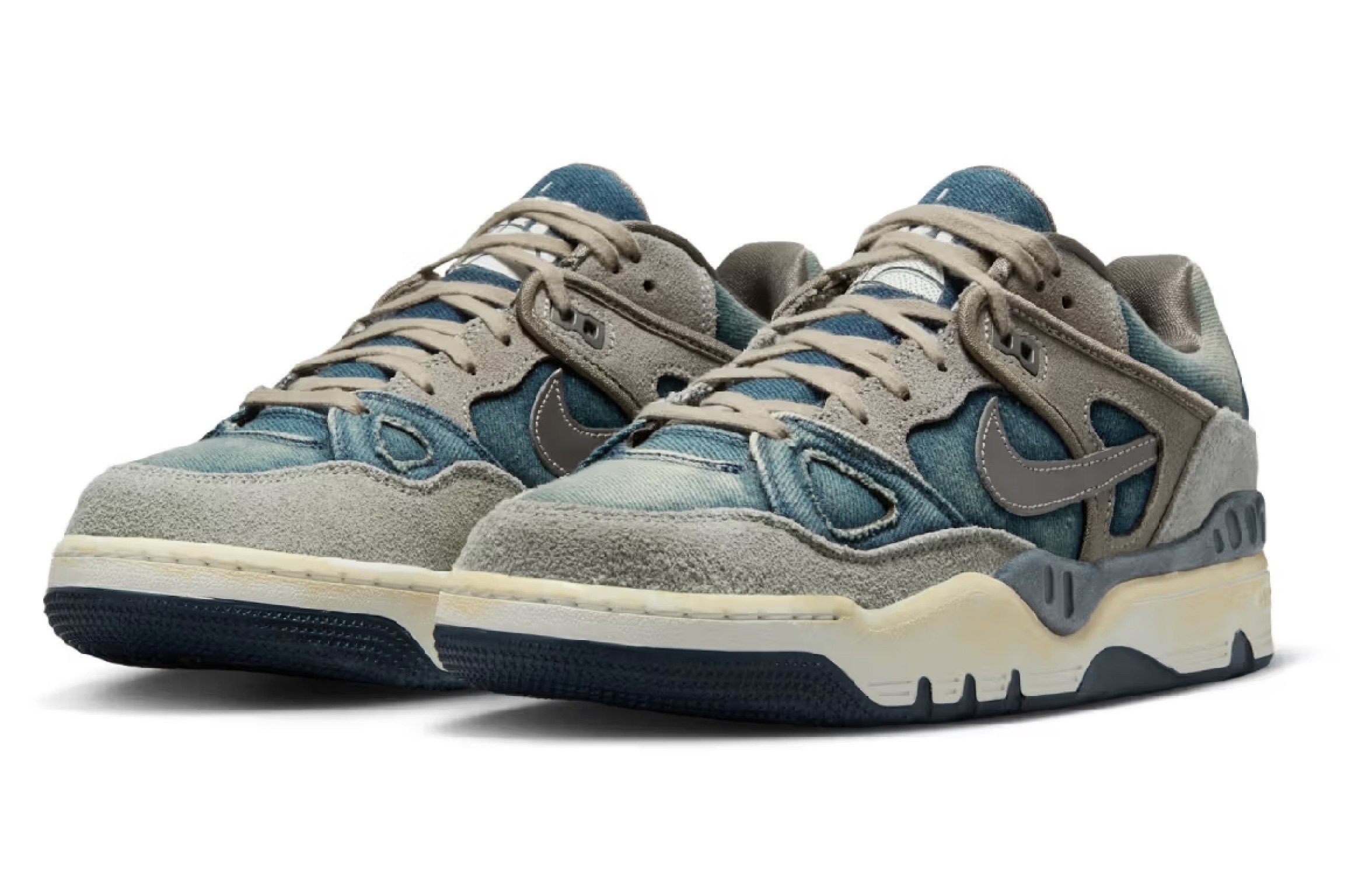 Close-up of the NIGO x Levi’s x Nike Air Force 3 Low shoe with denim overlays and gum sole