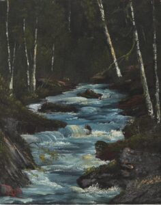 A serene landscape painting of a forest stream by Bob Ross, featuring cascading blue water flowing over rocks, framed by tall birch trees with white bark against a dark green woodland background.