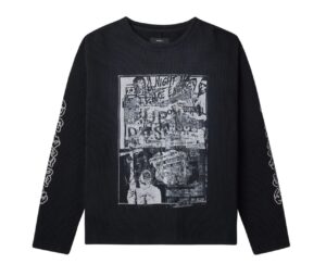 New Wave Waffle Knit Shirt by Purple in black, featuring a distressed collage-style graphic on the chest and bold white typography running down both sleeves.