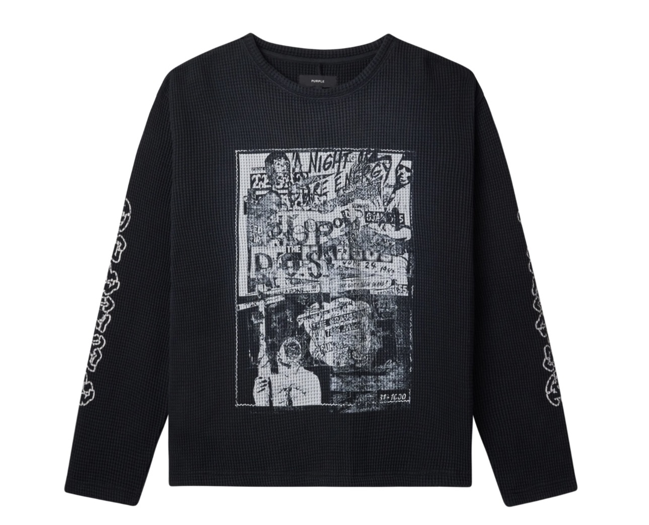 New Wave Waffle Knit Shirt by Purple in black, featuring a distressed collage-style graphic on the chest and bold white typography running down both sleeves.