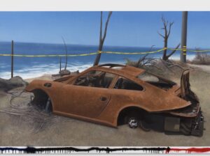 A rusted, fire-damaged Porsche sits abandoned on a sandy cliffside overlooking the ocean, surrounded by yellow caution tape and charred trees, symbolizing loss and resilience in Alfonso Gonzalez Jr.’s NO PARKING exhibition.