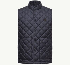 Front view of the Moncler Lycope Diamond-Quilted Down Vest in black, featuring a high collar, snap-button closure, two front pockets, and the Moncler logo patch on the chest.