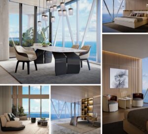 Interior renderings of Bentley Residences penthouse in Miami featuring ocean-view dining room, luxury bedroom, modern lounge, private office, and designer seating areas with floor-to-ceiling glass.
