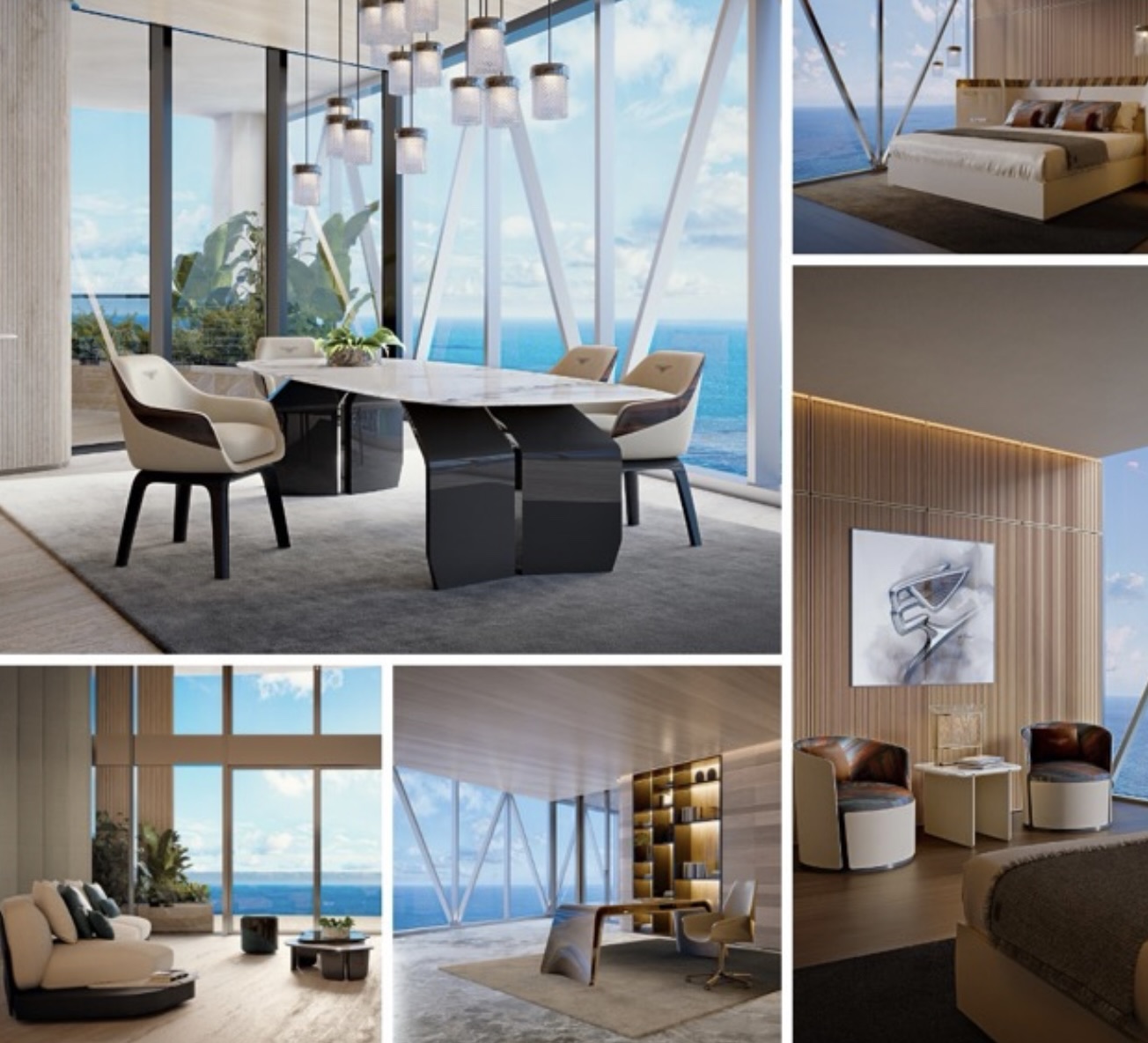 Interior renderings of Bentley Residences penthouse in Miami featuring ocean-view dining room, luxury bedroom, modern lounge, private office, and designer seating areas with floor-to-ceiling glass.