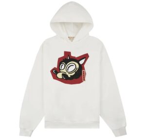 White Marni hoodie featuring a bold cartoon-style wolf head graphic by artist Slawn, printed on a red geometric background across the chest.