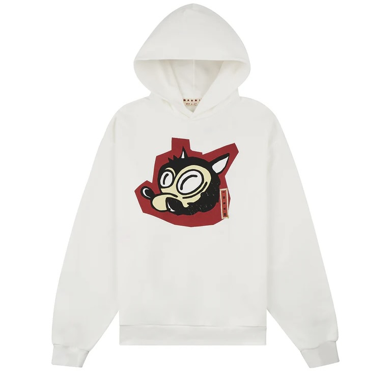 White Marni hoodie featuring a bold cartoon-style wolf head graphic by artist Slawn, printed on a red geometric background across the chest.