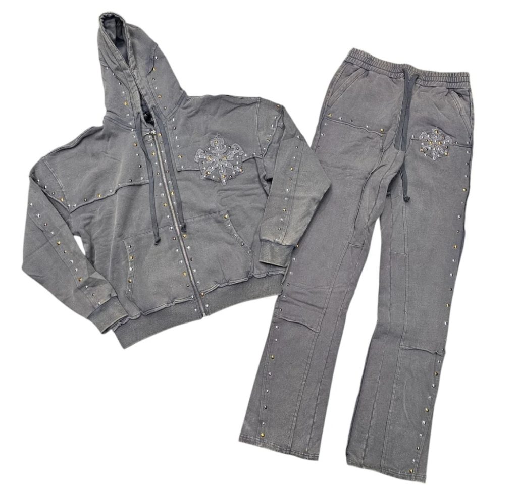 Hudson Studded Fleece Stacked Sweatsuit in gray, featuring zip-up hoodie with drawstrings and matching stacked pants