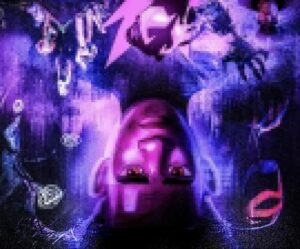 Stylized neon artwork of Miles Morales from Spider-Man: Beyond the Spider-Verse, shown upside down against a cosmic purple and blue backdrop, with glowing multiversal fragments and abstract web patterns surrounding his face.