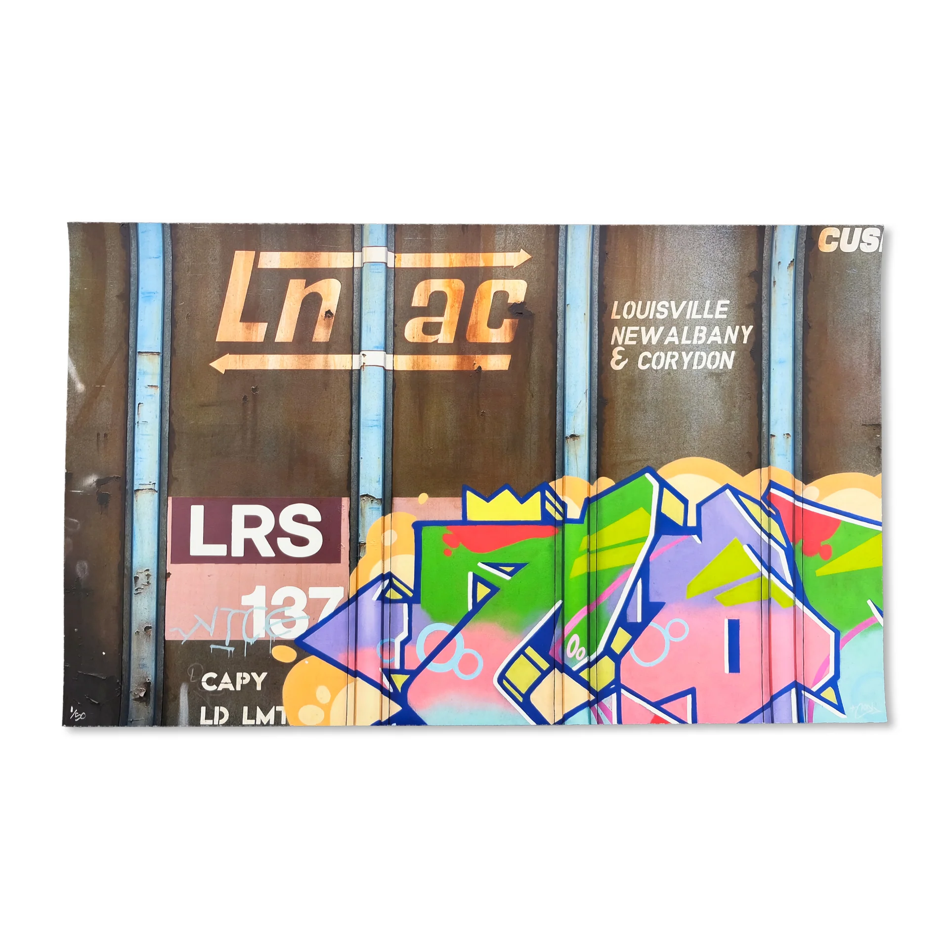 Tim Conlon’s Blank Canvas #118 – LRS limited edition giclée print depicting freight train graffiti over rusted boxcar panels with railroad markings and bold, colorful lettering.