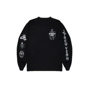 Black DOC Mens From the Rough Ryder Long Sleeve Tee featuring Ryder Cup logo on the chest, graphic prints on the sleeves, and bold “NEW YORK” text along the right arm.