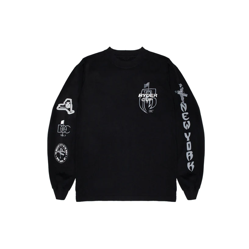 Black DOC Mens From the Rough Ryder Long Sleeve Tee featuring Ryder Cup logo on the chest, graphic prints on the sleeves, and bold “NEW YORK” text along the right arm.