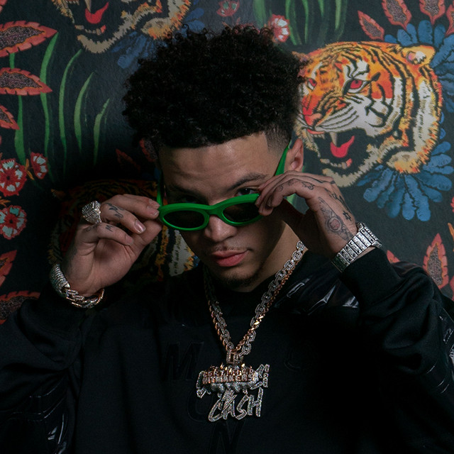 Lil Mosey wearing dark streetwear with layered diamond chains and rings, adjusting bright green sunglasses against a patterned backdrop featuring tigers and floral designs.