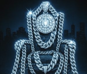 Cover-style image with jewelry-crafted throne glowing in blue, city silhouette in background, and bold neon title “Pieces on My Neck.”