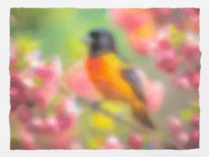 A blurred painting by James Prosek, Untitled (2025), depicting a brightly colored bird with an orange breast and dark head among soft pink blossoms and green foliage, rendered in hazy, dreamlike tones.