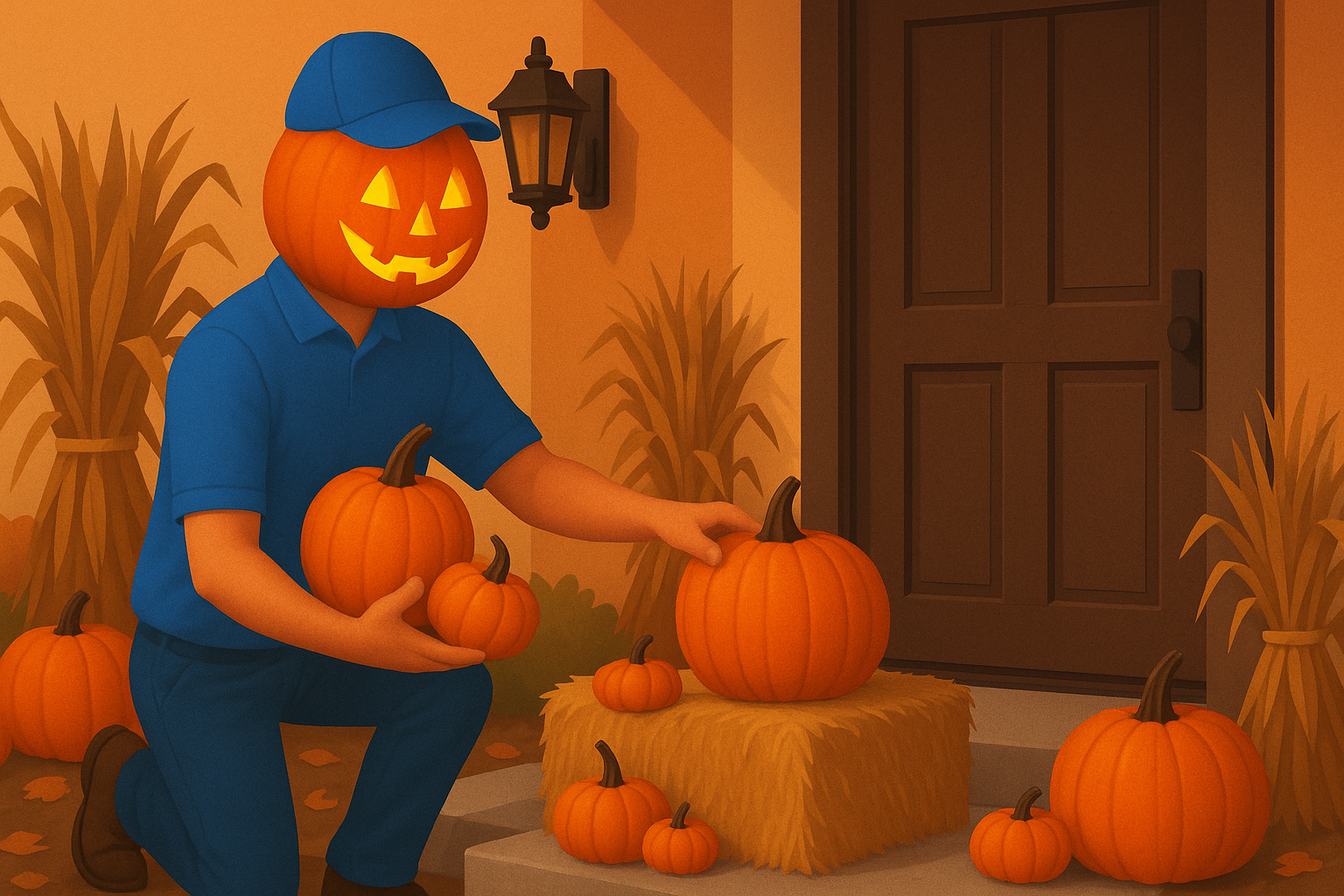 A whimsy illustration of a porch decorator with a jack-o’-lantern head, wearing a blue uniform and arranging pumpkins on a hay bale outside a front door, surrounded by autumn décor like corn stalks and scattered leaves