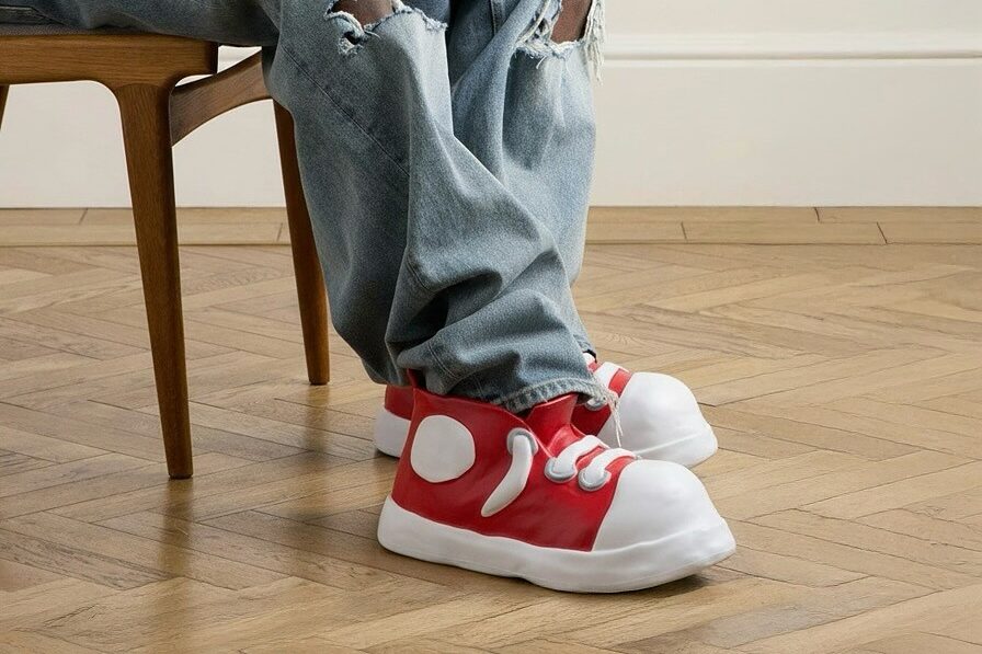 Person wearing oversized red-and-white Bravest Studios Clay Shoes with cartoon-like sculpted design, styled with ripped denim jeans, sitting on a wooden chair over parquet flooring.