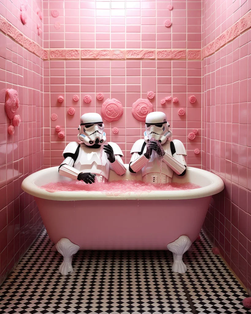 Two stormtroopers sitting in a vintage claw-foot bathtub filled with pink bubbles, surrounded by ornate pink tiles in a surreal, playful bathroom setting.