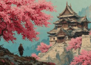 Fantasy artwork by RunecasterStudio titled “The Road to Autumn Castle,” showing a lone warrior standing beneath a vivid pink cherry blossom tree, gazing toward a grand wooden castle perched on rocky cliffs against a turquoise sky.