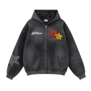 All Human Bodea Hoodie V2 in washed black featuring “All Human” script and red-and-yellow chenille patches with smiling stars on front and sleeve