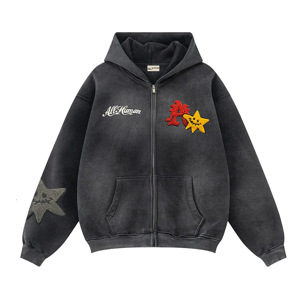 All Human Bodea Hoodie V2 in washed black featuring “All Human” script and red-and-yellow chenille patches with smiling stars on front and sleeve