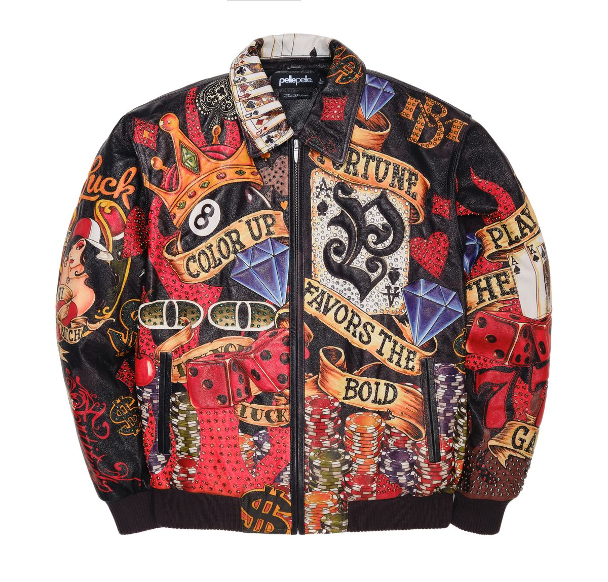 Front view of the Pelle Pelle High Rollers Jacket in black, featuring vibrant casino-themed artwork with dice, poker chips, diamonds, a crown, and playing cards. Embroidered banners read “Fortune Favors the Bold,” “Color Up,” and “Play the Game,” with intricate rhinestone and leather detailing.