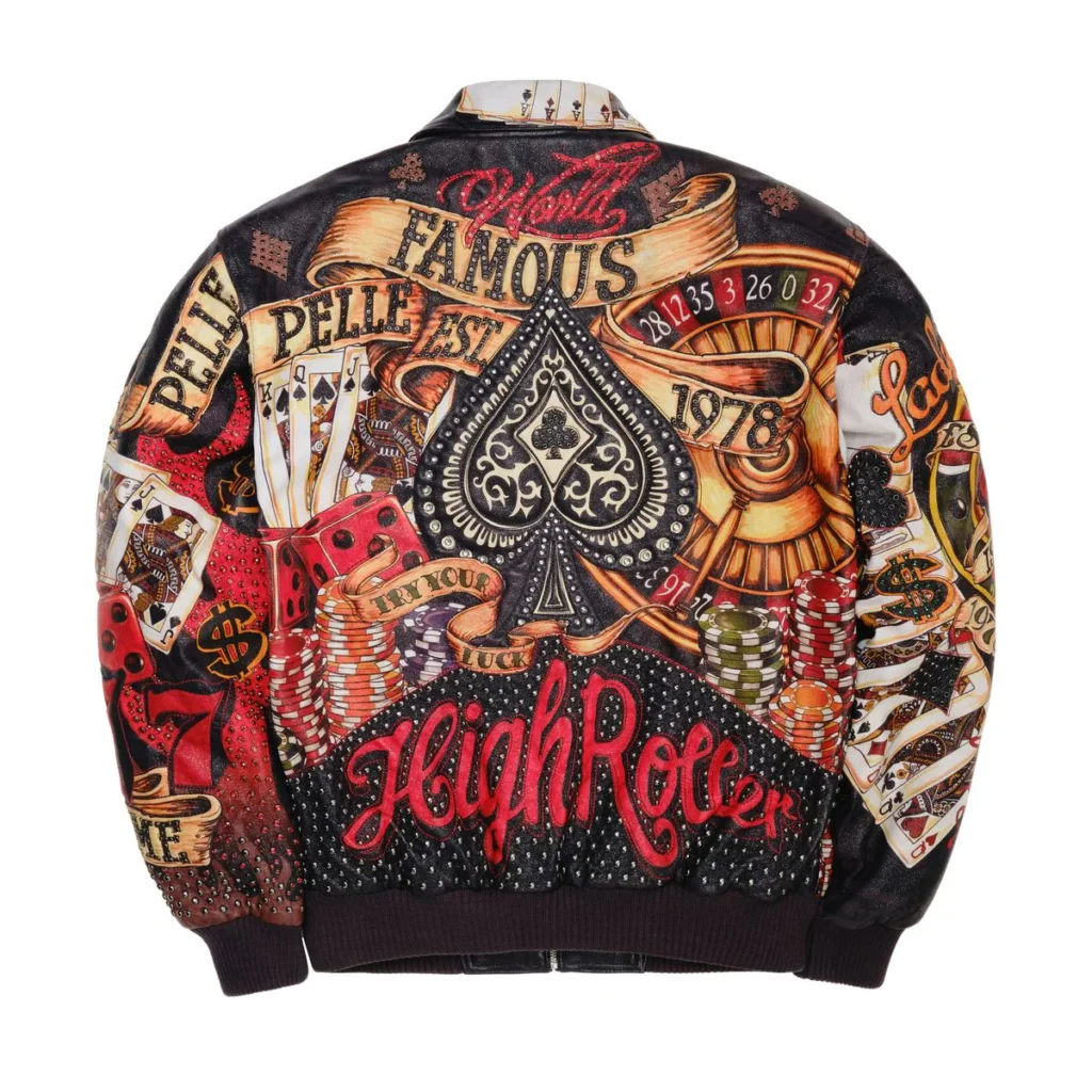 Back view of the Pelle Pelle High Rollers Jacket in black, featuring an elaborate casino-inspired design with a large spade emblem, poker chips, dice, roulette wheel, and playing cards, embroidered with “World Famous,” “Pelle Pelle 1978,” and “High Roller” in bold red script.
