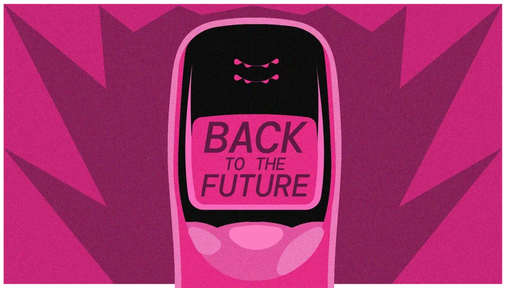 Illustration of a pink retro mobile phone resembling a Nokia 3210 with the words “Back to the Future” on its screen, symbolizing nostalgia for early 2000s technology and the return to analog simplicity.