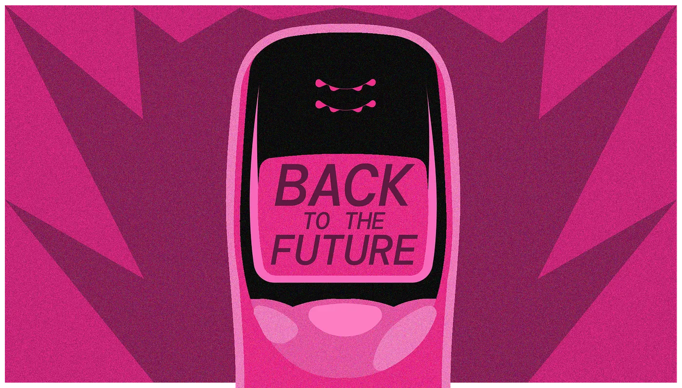 Illustration of a pink retro mobile phone resembling a Nokia 3210 with the words “Back to the Future” on its screen, symbolizing nostalgia for early 2000s technology and the return to analog simplicity.