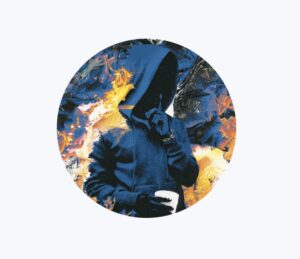 Artwork for Benji Blue Bills’ track “Glass House,” featuring a hooded figure in blue holding a cup, surrounded by fiery abstract textures in orange and blue.