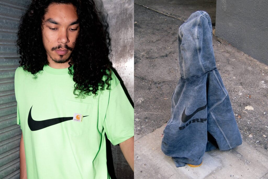 Model wearing a neon-green Carhartt WIP × Nike SURPLUS® 2025 pocket T-shirt featuring a large black Swoosh and Carhartt tag, paired with a second image showing the washed grey hooded jacket from the same collection draped over a street hydrant, highlighting the SURPLUS graphic print.