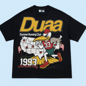 Black Duaa Sprint graphic featuring a running bird mascot over a U.S. map with “Duaa,” “Summer Running Club,” and “1993 Members Only” text, blending athletic heritage with street-style illustration.