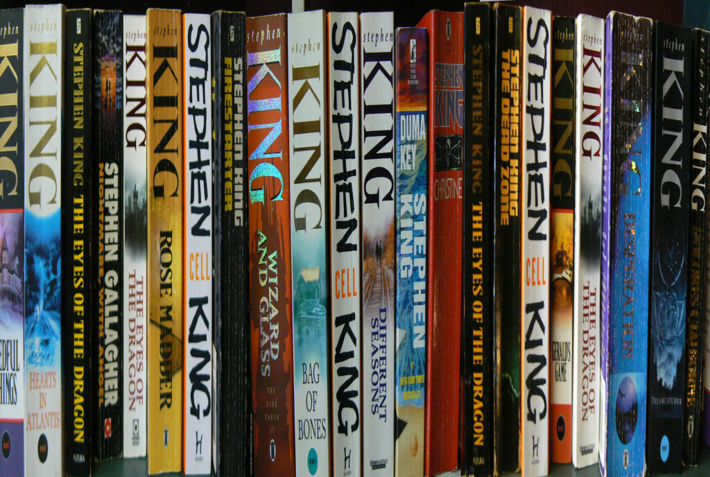 Row of Stephen King books on a library shelf, including titles like The Eyes of the Dragon, Firestarter, Rose Madder, Bag of Bones, Different Seasons, and Christine.