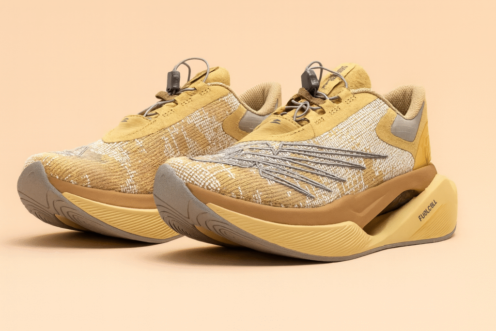 New Balance × Stone Island Tokyo Design Studio FuelCell C_1 sneakers displayed on a soft peach background, highlighting their tan and beige knit upper, sculpted midsole, and magnetic speed-lacing system