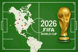 Map of North America with red dots marking the 2026 FIFA World Cup host cities across the United States, Canada, and Mexico, displayed on a green soccer field background with the official golden World Cup trophy on the right and “2026 FIFA World Cup” text beside it.