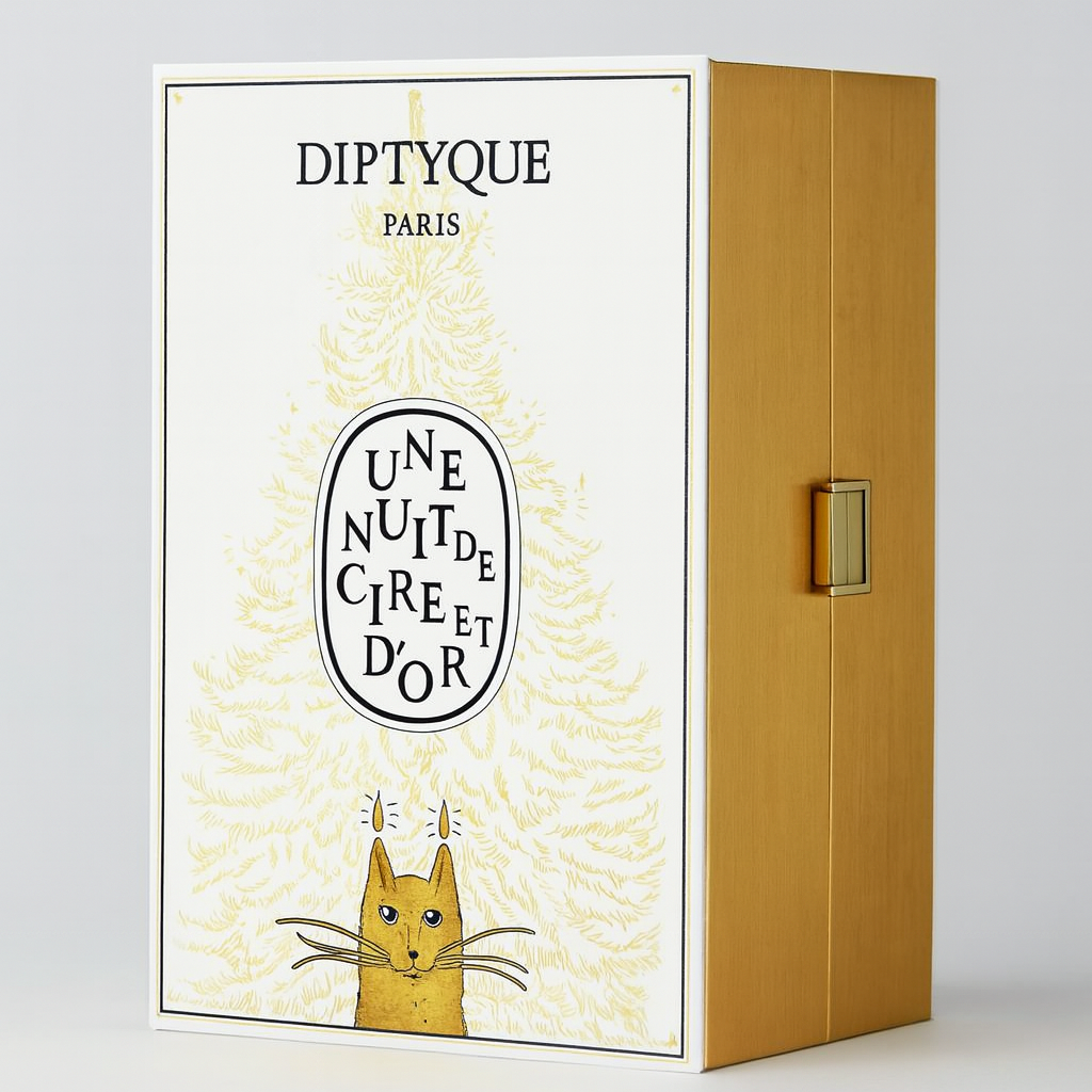 Diptyque Paris “Une Nuit de Cire et d’Or” Advent Calendar 2025 box featuring a gold and white design with an illustrated cat beneath a stylized fir tree, housed in a gold cabinet-style case with a metallic clasp.