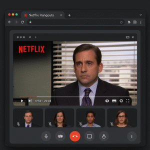 A humorous digital mockup of a Chrome browser tab titled “Netflix Hangouts,” showing a Netflix video disguised as a video conference call. The main window displays a scene from a TV show while smaller muted participant thumbnails appear along the bottom, symbolizing the idea of streaming entertainment during work.