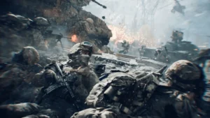 A soldier lies low in a muddy battlefield, gripping a rifle as explosions erupt in the background and tanks advance through smoke, capturing the intensity and realism of Battlefield 6’s pre-release test gameplay.
