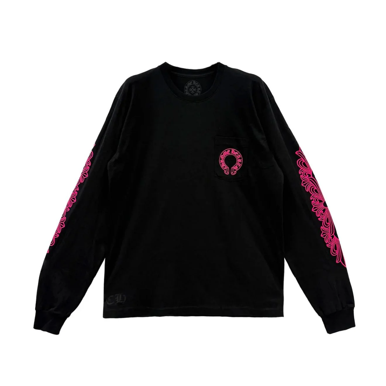 Front view of the Chrome Hearts Black Pink Floral Longsleeve showcasing a small chest pocket with the brand’s circular pink logo, complemented by bold pink floral cross patterns running along both sleeves on a solid black cotton base.