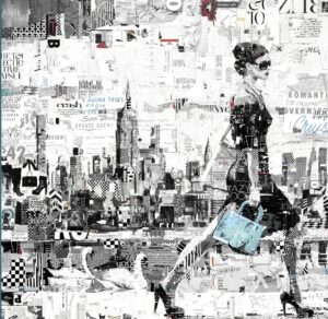 A collage artwork titled “NYC Strut” by Derek Gores depicts a fashionable woman walking through a fragmented New York City made of torn magazine clippings, texts, and ads in black and white tones, holding a bright turquoise handbag