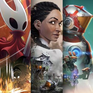 A collage of video game artwork showcasing three distinct worlds: on the left, a stylized red-cloaked knight wielding sharp blades from Hollow Knight: Silksong; in the center, a portrait of a woman with braided hair against a rustic background featuring a decaying treehouse from As Dusk Falls; and on the right, a space explorer in a red and white suit with glowing blue lights, surrounded by futuristic robots, evoking No Man’s Sky’s interstellar adventure. The composition symbolizes the diversity of Xbox Game Pass titles available on the ROG Xbox Ally X.